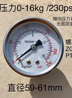 60,0-16kg/cm/230psi,1/4PT,轴向压力表 0-16bar无边Y60