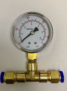 压力表 60mm 6bar 90psi 含三通和两边接外径10mm的气管快接接头