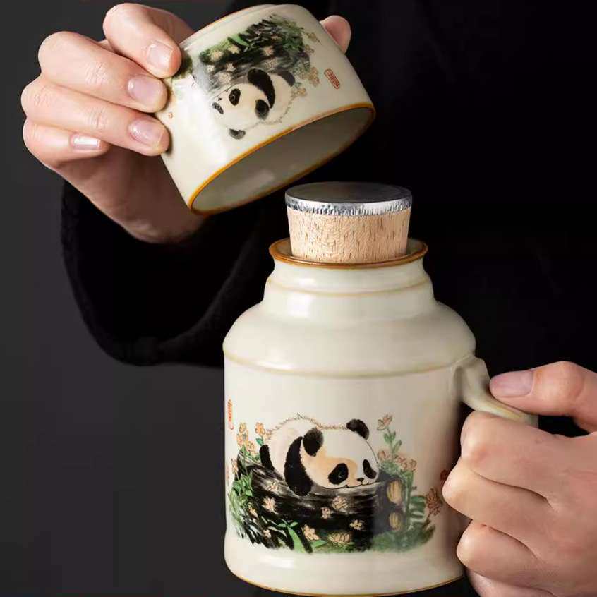 汝窑创意熊猫小暖壶泡茶杯陶瓷焖茶杯高档茶具马克杯带盖水杯水壶