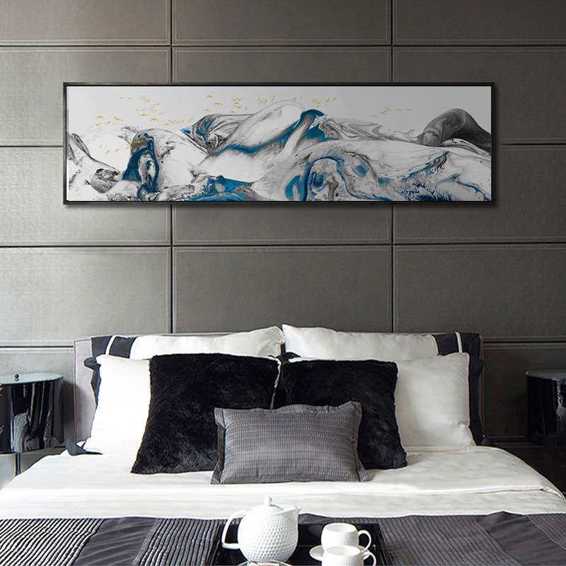 卧云 金色山水抽象线条装饰画现代简约艺术画飞鸟长条酒店壁画