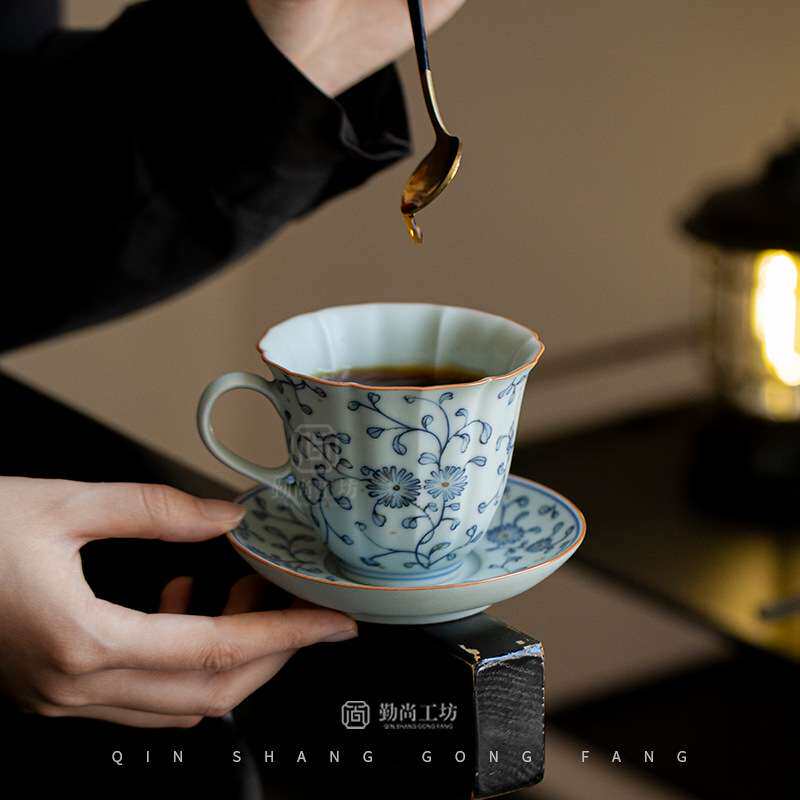 仿古天青汝窑青花陶瓷咖啡杯马克杯带杯垫家用个人杯办公杯带杯垫