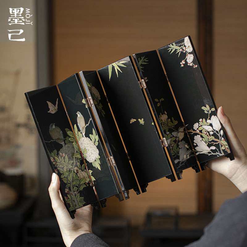 墨己茶空间茶桌双面小屏风摆件中国风复古茶台漆器木摆件茶道配件
