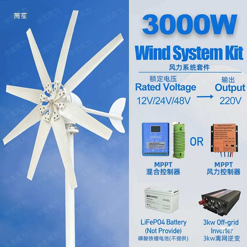 3000W风力发电机离网系统12V24V48V输出电压220V家电供电系统