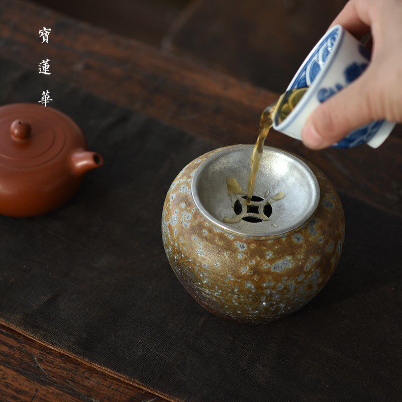 手工锡盖柴烧建水水盂 一物一图水洗茶洗茶渣斗 茶道养壶托陶笔洗