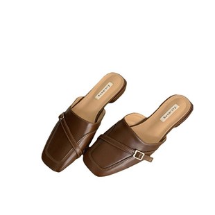 2025年春秋新款 時尚 懶人包頭半拖鞋 女外穿涼拖 一腳蹬黑色方頭韓版