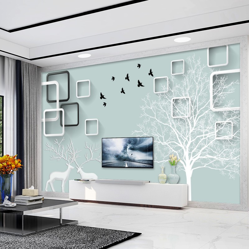 8d立体墙纸电视背景墙壁纸现代简约麋鹿装饰壁画客厅大气影视墙布