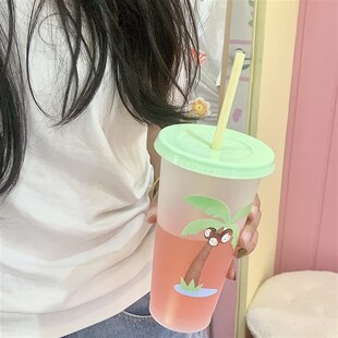 椰子kitty夏天PP5塑料杯吸管杯2024新款 奶茶水杯子礼物便携可循环