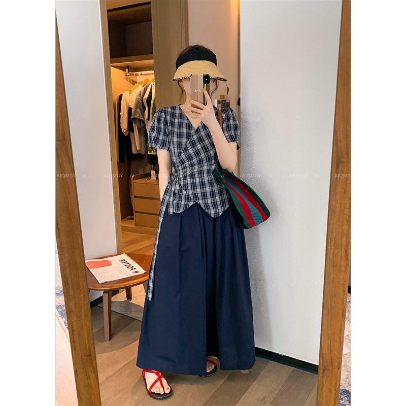爱情魔鬼鱼 2025夏季新款格子交叉绑带衬衫宽松阔W腿裤两件套装女