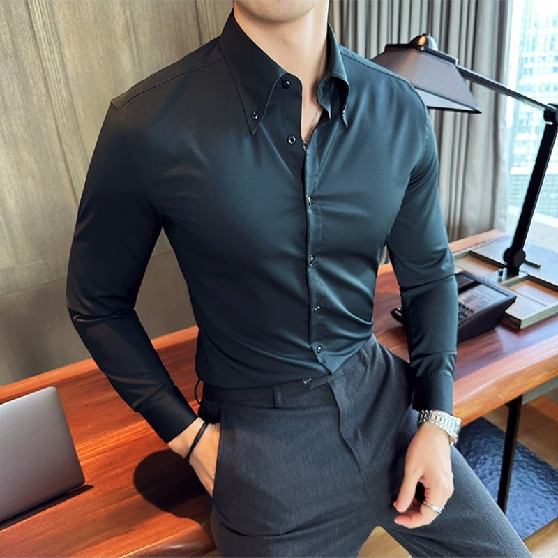 法式大领白衬衫男士长袖春秋季商务休闲宴会新款高级感白色衬衣男