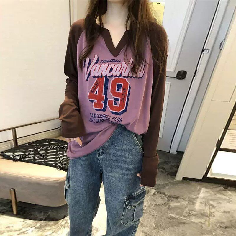 春秋2025新款拼接长袖V领t恤女宽松遮屁股中长款打底Y衫内搭欧货
