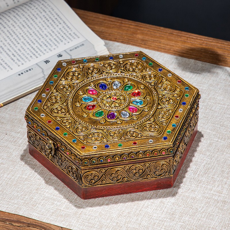 复古木质首饰收纳盒带锁高档精致项链戒指实木桌面饰品收纳整理盒