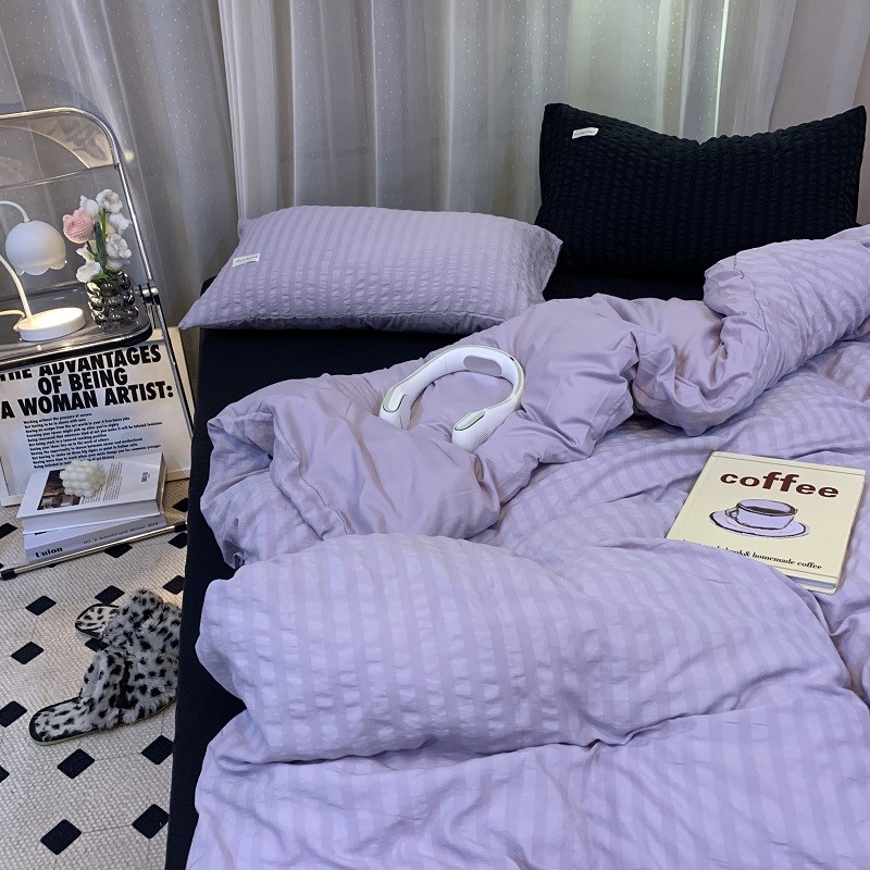 ins公主风紫色被单四件套水洗棉纯色小泡泡混搭被套宿舍1.5三件套