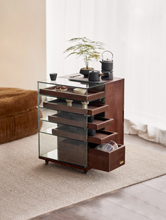 格物山川实木煮茶茶台茶水柜可移动沙发边柜客厅黑胡桃木展示柜