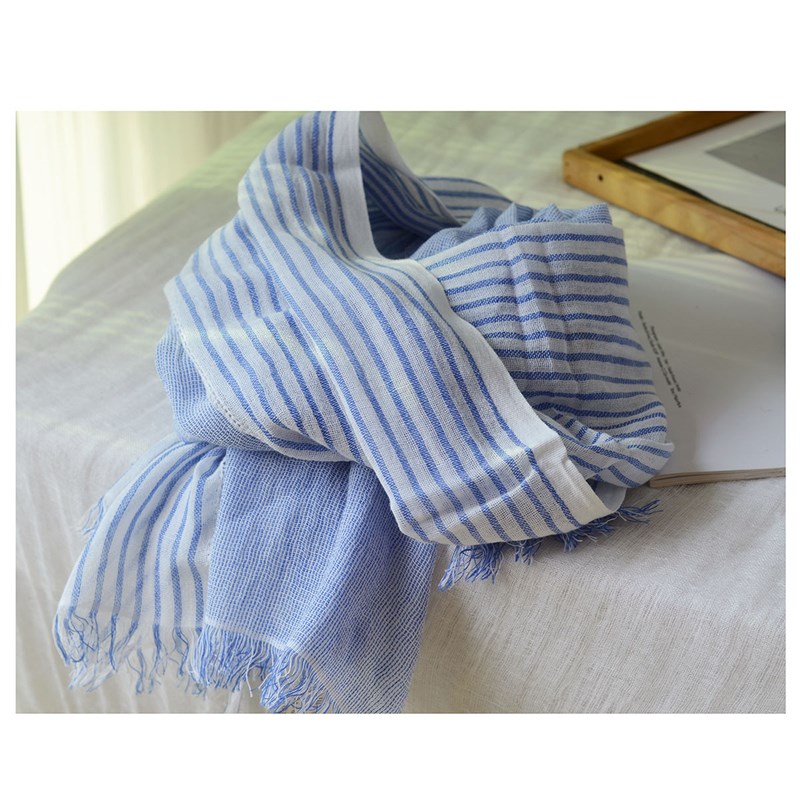 日本订单清新蓝色条纹棉麻围巾 男女文艺百搭秋冬薄款披肩