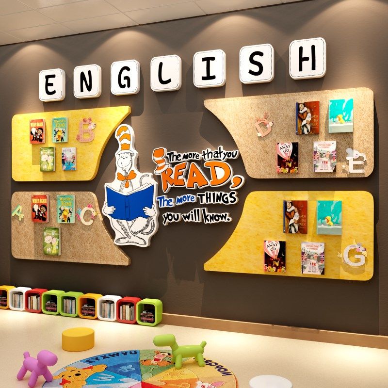 英文语培训教室机构环创幼儿园主题E成品墙面布置装饰毛毡板工作