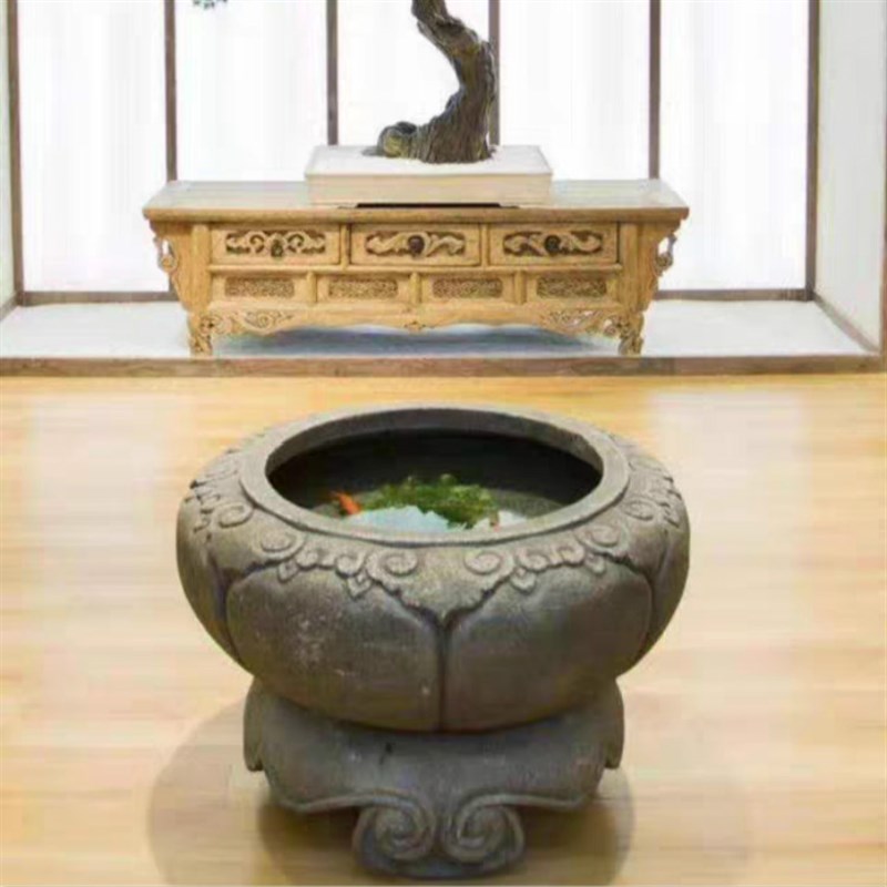 青石仿古水缸水钵流水p缸摆件石缸庭院养鱼花盆鱼缸石槽石雕荷花