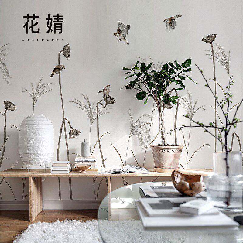 手芦苇花绘IQS鸟壁纸客厅背电视景墙纸现代简约墙卧室沙发布定制
