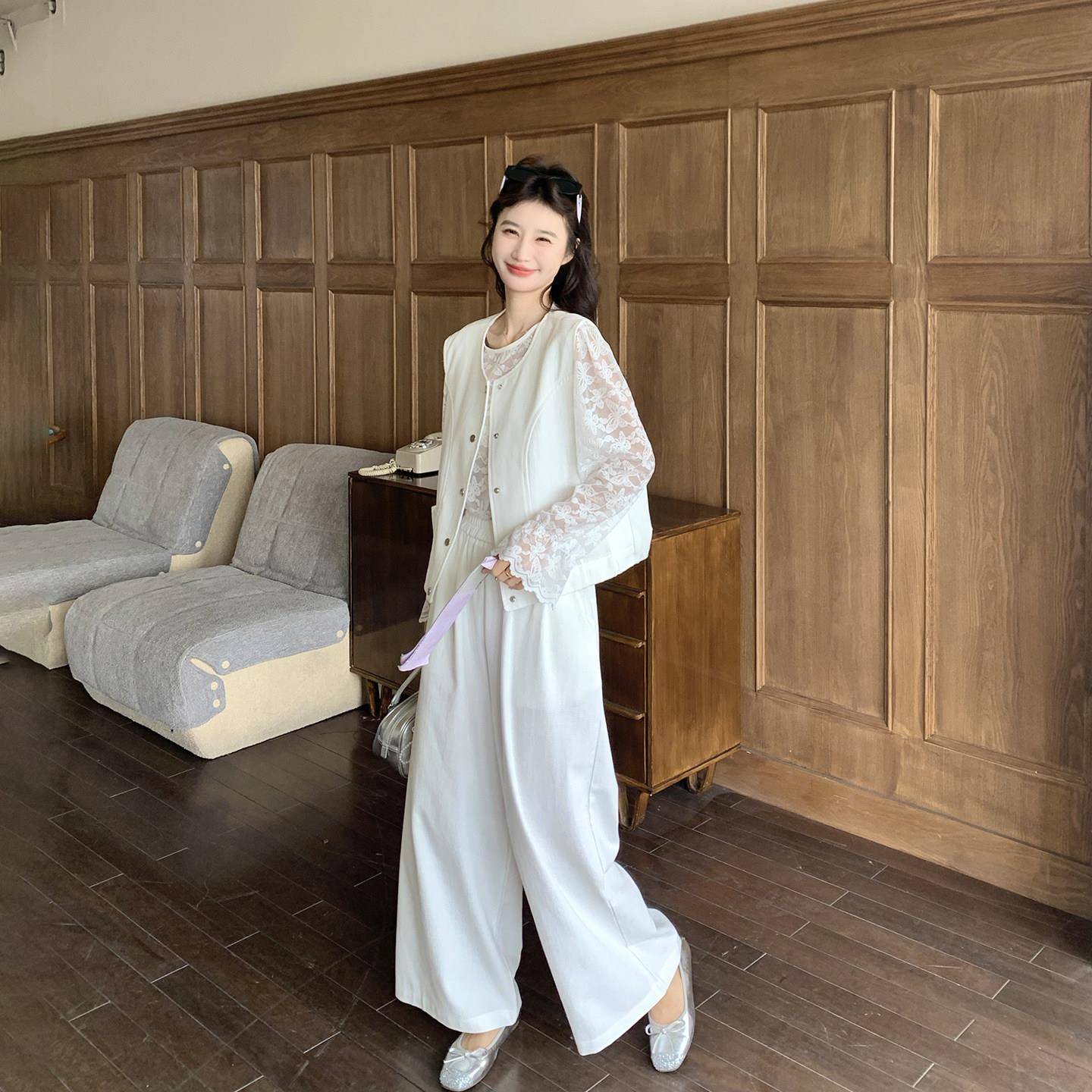 高级看感SKWSH202白色马甲蕾丝阔腿裤套装女夏季新款爆款好巨衫三