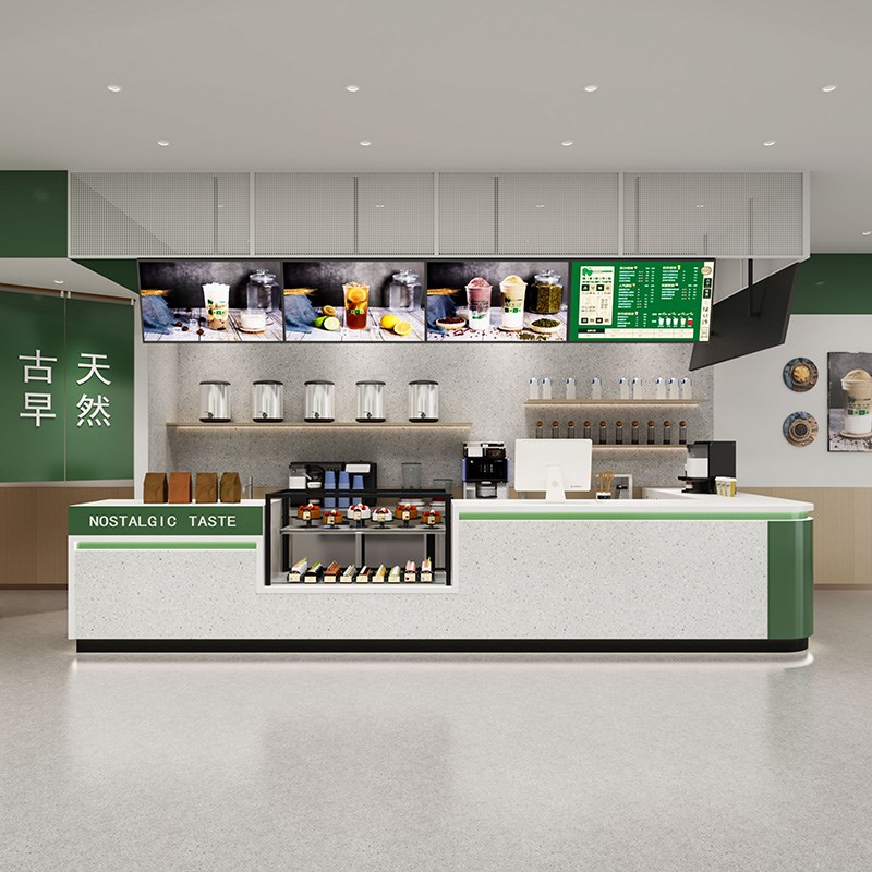 现代奶茶店吧台甜饮蛋糕店转角收银F台餐饮饭店酒吧前台水果店柜