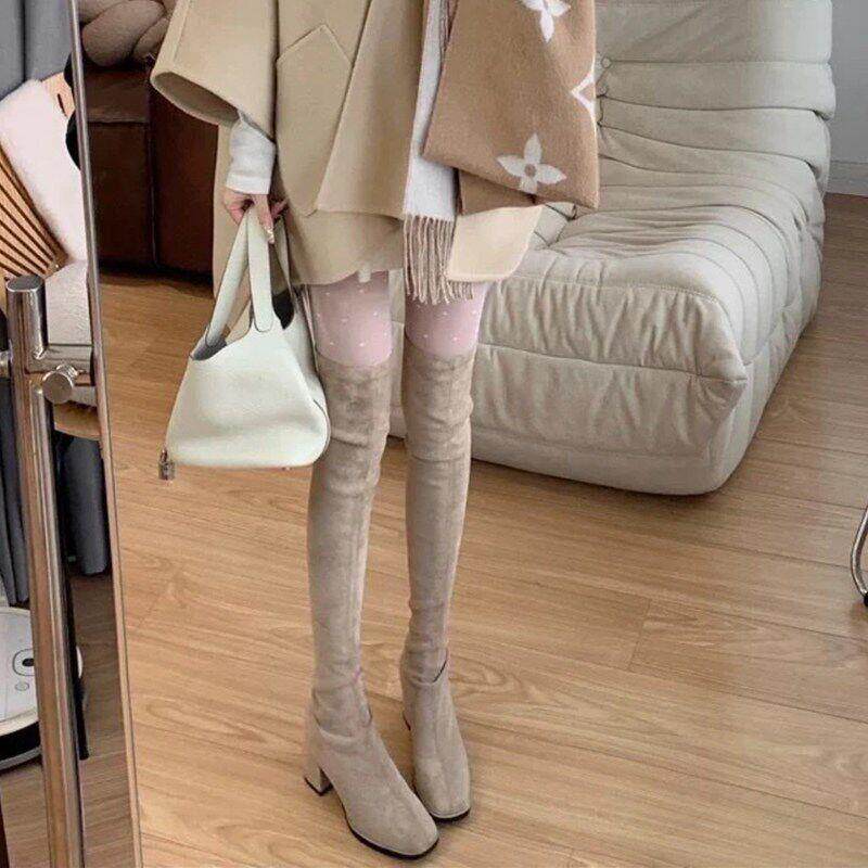 卡其色方高xQxBZh9E高过跟膝长筒靴女冬季新款绒面弹力头显瘦粗跟