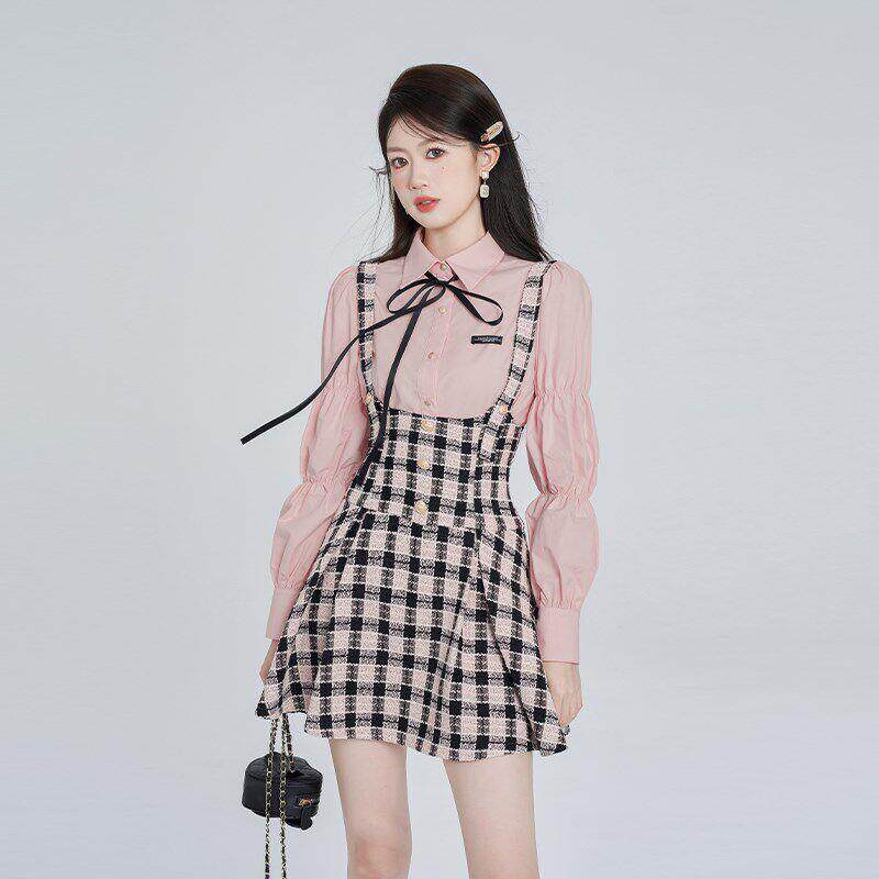气质衫衬格子背带两件套女初秋季新款高级感学风减院龄时裙nekQrX