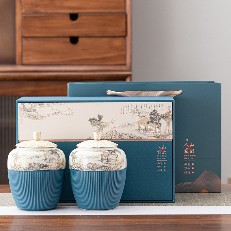 高档山水画茶叶包装盒空礼盒红茶绿茶白茶半斤装陶瓷密封罐通用
