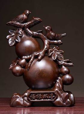 黑檀实木根雕喜上眉梢葫芦摆件客厅办公室福禄双全喜鹊雕塑工艺品