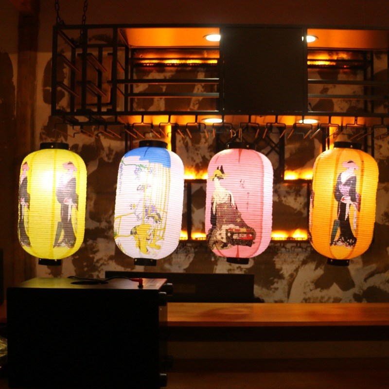 和风纸灯笼日式仕女图氛围装饰寿司日本料理店吊灯罩冬瓜灯笼
