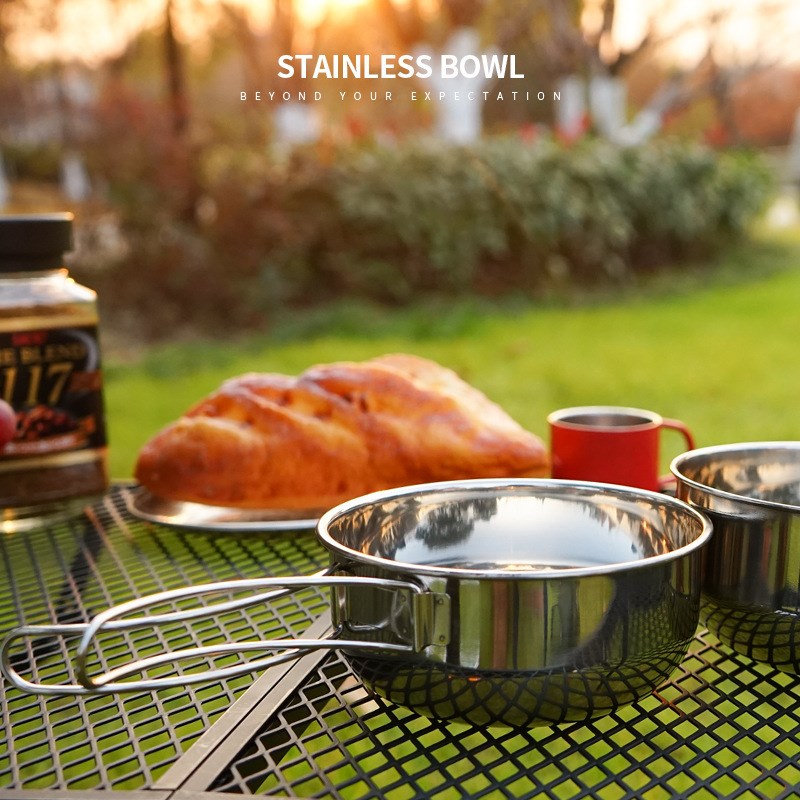 户外304不锈钢4件套碗500ml小钢碗野营登山旅行垂钓野餐组合餐具