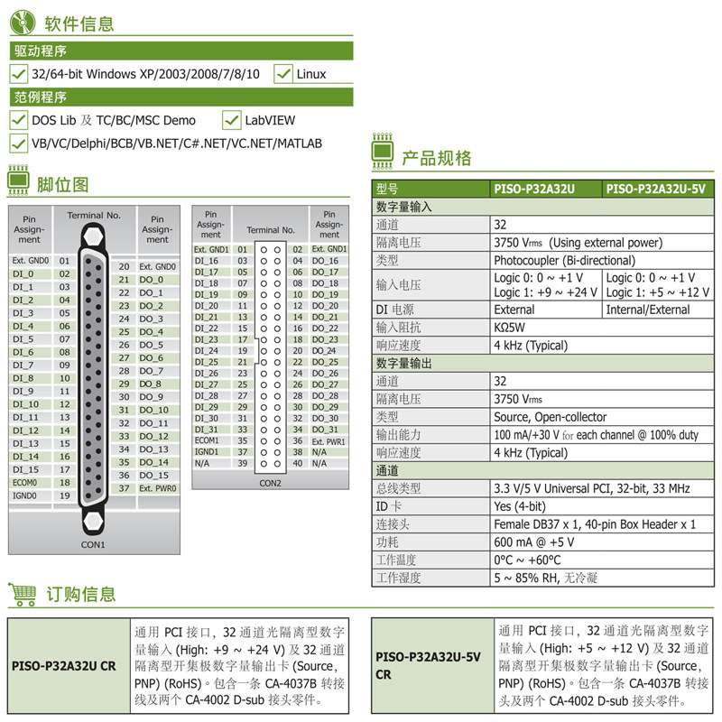泓格PISO-P32C32U板卡32路集电极开路输出灌电流数字量输入采集卡