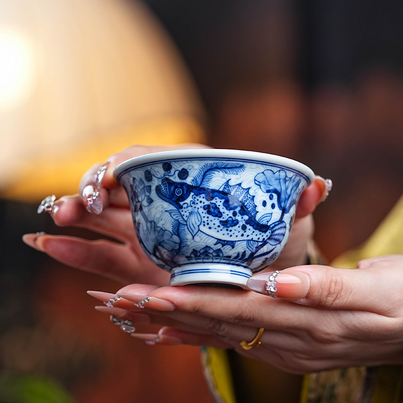 正德御窑亦然堂主人杯淡海水鱼藻大压手纯手工陶瓷花纹茶杯茶具