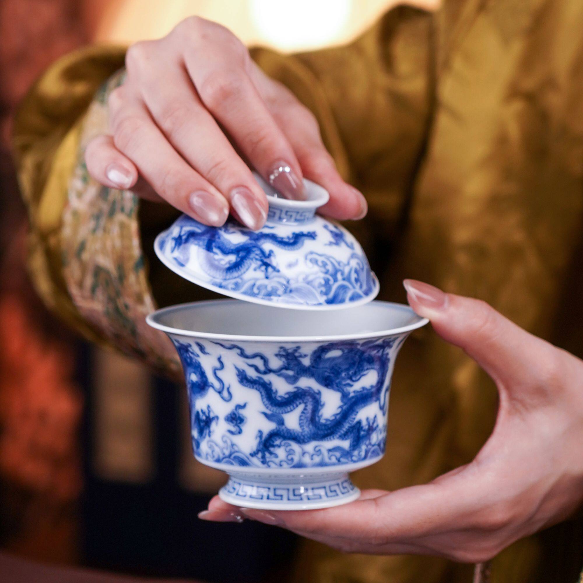 望月怀古五龙马蹄玲珑瓷盖碗陶瓷全手工WYHG124家用茶具