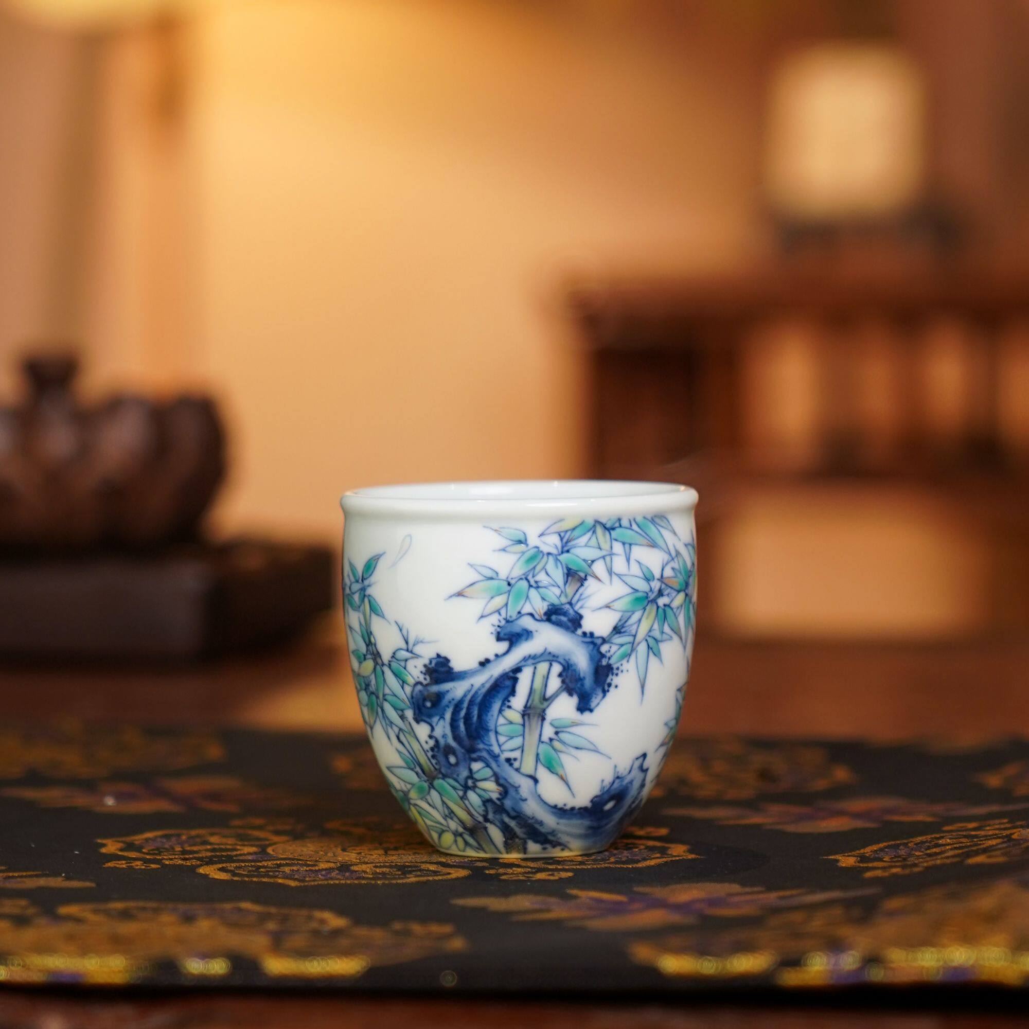 六逸堂青花斗彩主人杯杯子竹影抱石杯喝茶陶瓷喝茶品茗竹子茶杯