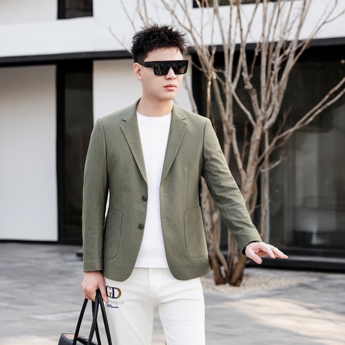 商务风休闲西服外套男春秋修身单西时尚军绿色男士西装时尚简约