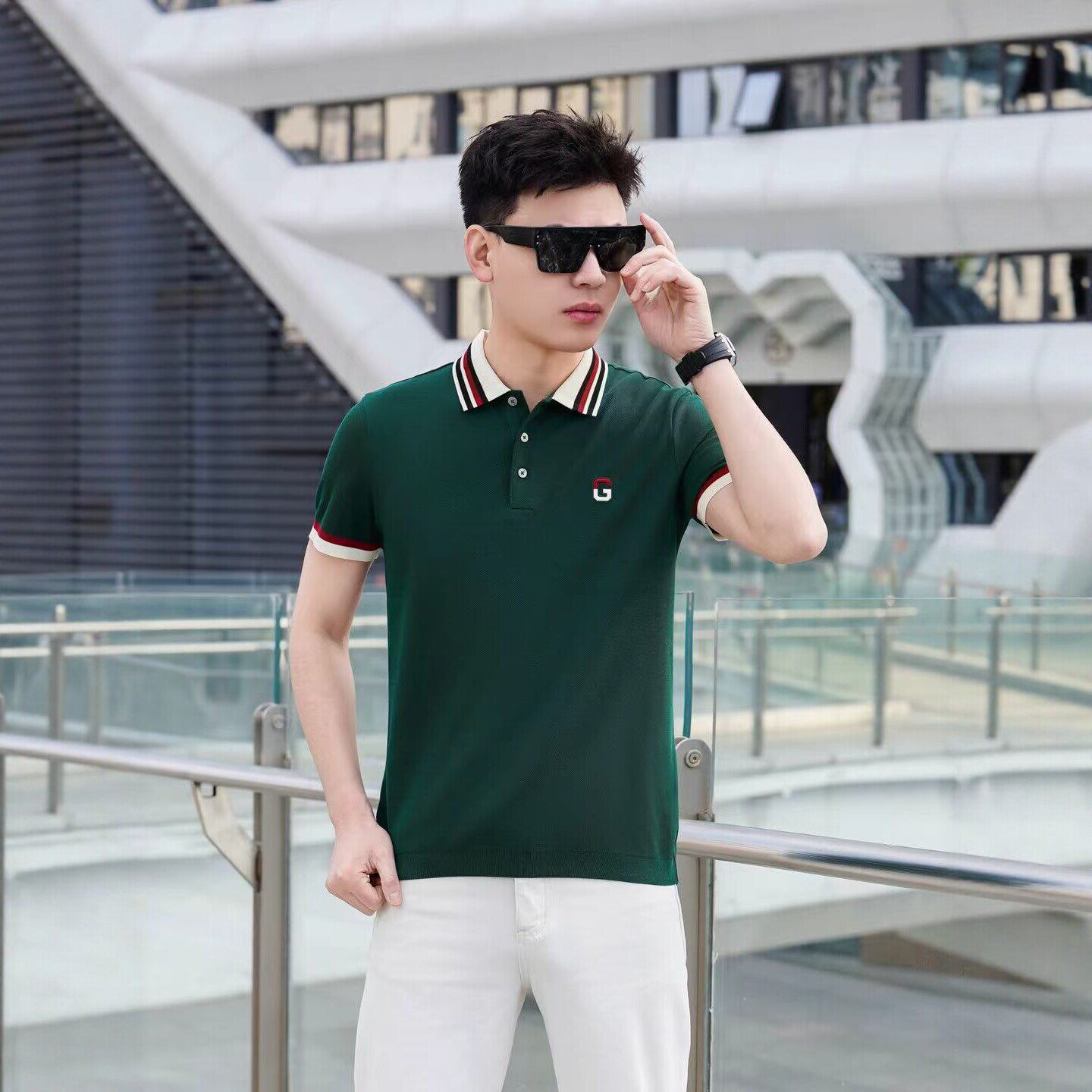 夏季高端男士撞色边Polo衫短袖字母刺绣上衣轻奢透气商务风polo衫