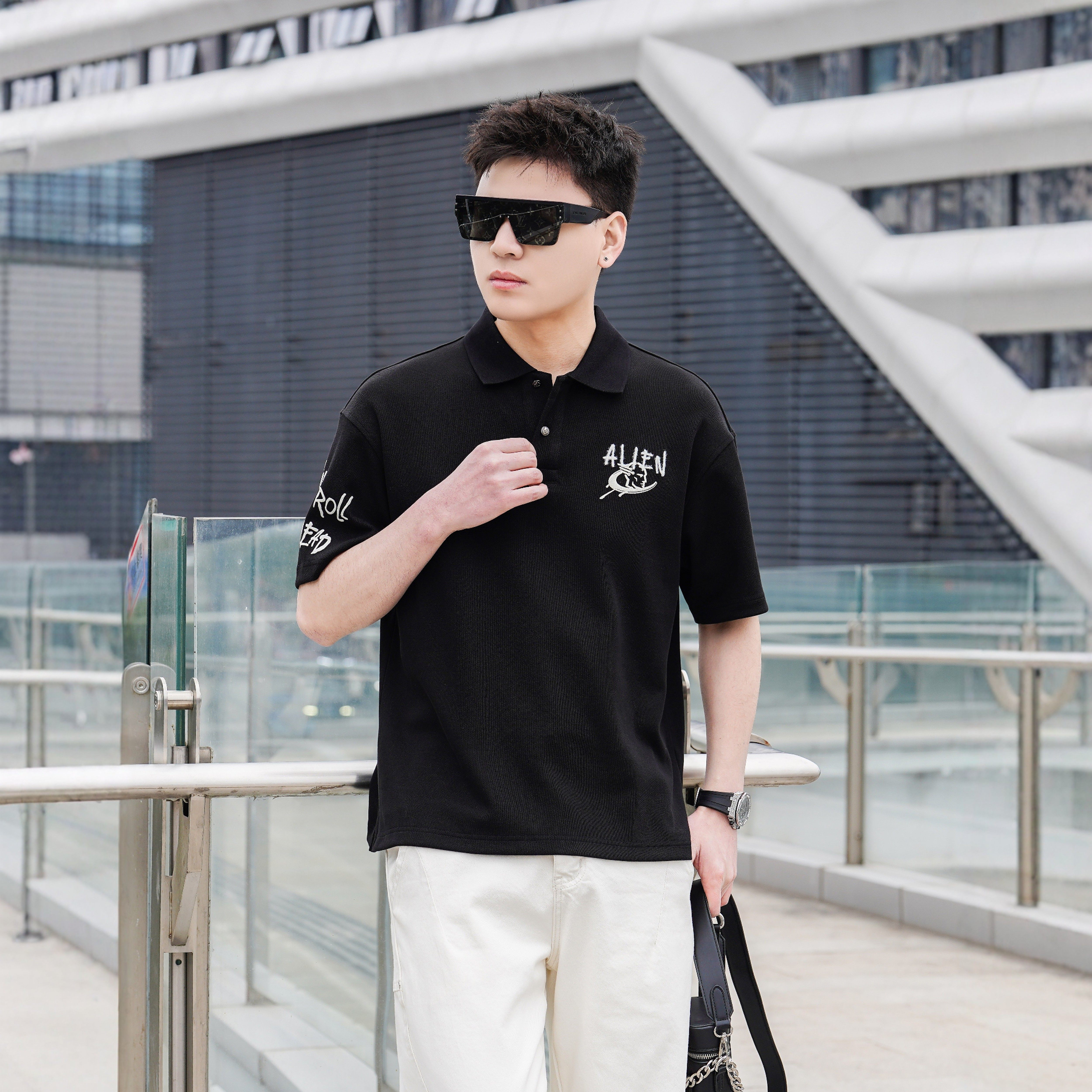 2026欧货潮牌男士短袖轻奢刺绣宽松宽松商务风polo衫男装潮流黑
