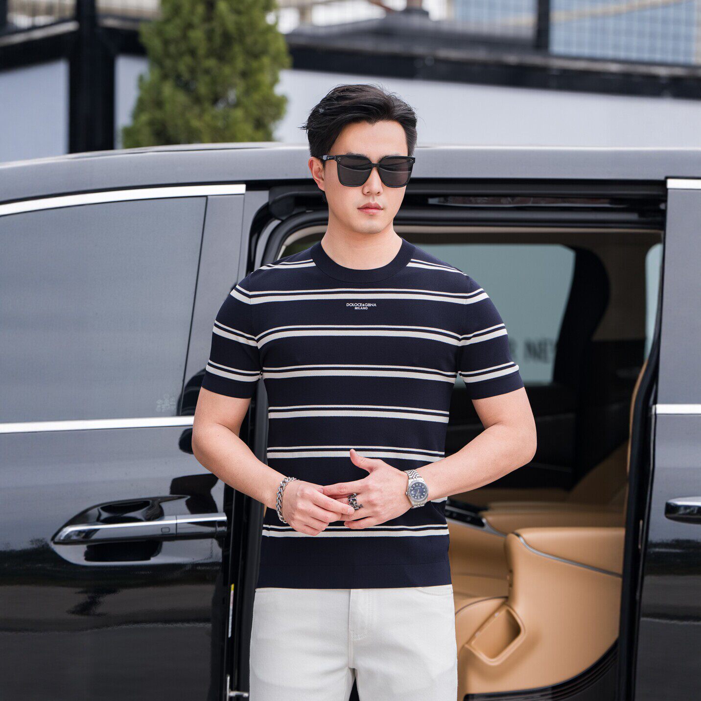 伊力特休闲修身型男士短袖条纹T恤透气百搭针织衫夏新款圆领套头