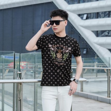 男士轻奢满印刺绣短袖T恤夏季潮牌上衣丝光棉短袖丝光棉t恤短袖