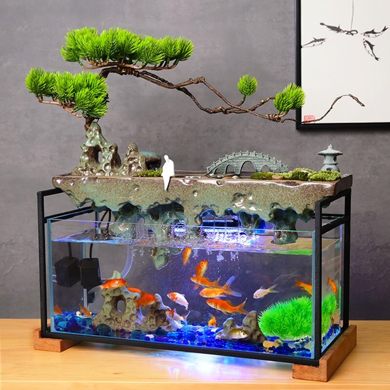 创意新中式客厅桌面招财循环假山流水族玻璃金鱼缸办公室生财摆件