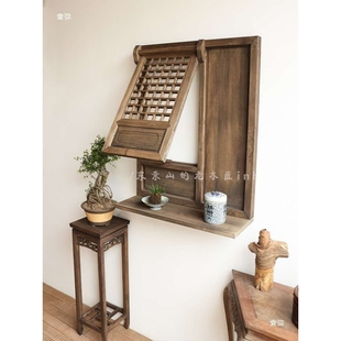 中式上翻窗仿古做旧置物板支摘窗古风复古花窗挂件装饰东阳木雕