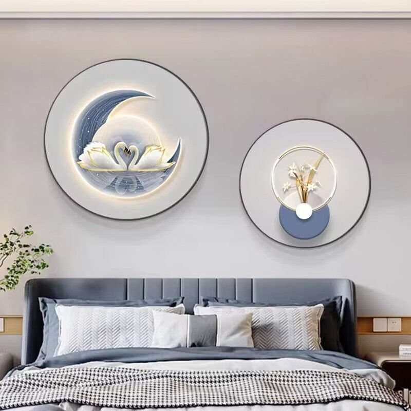 圆形北欧卧室装饰画天鹅床头画挂画现代简约房间温馨婚房主卧壁画图片