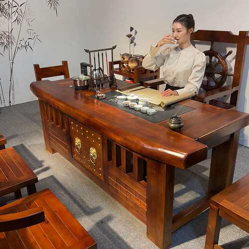 老船木办公室茶桌椅组合中式一体功夫茶几整装复古客厅实木泡茶台