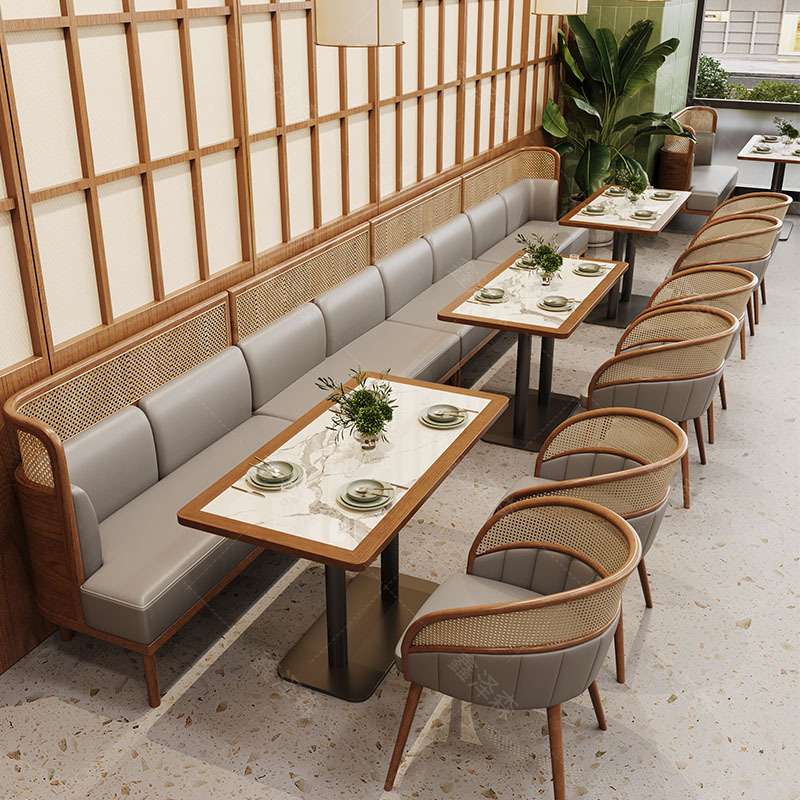 咖啡厅卡座沙发藤编餐椅连锁店茶餐厅东南亚风靠墙餐饮店桌椅组合