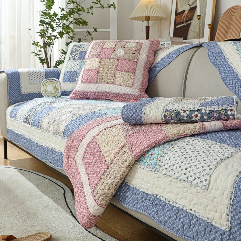 米莱娅新款沙发垫棉布拼块木耳边真拼格子绗缝夹棉反面点塑颗粒