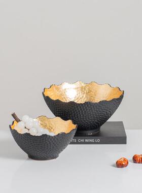 高级感手工陶瓷果盘烤黑烫金铝制茶几收纳盘餐厅装饰品桌面摆件