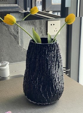 HJM-新款轻奢黑色树皮纹玻璃花瓶居家客厅阳台餐桌插花器软装摆件