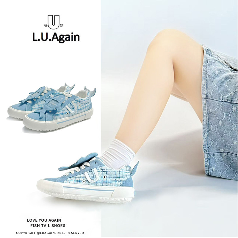 LUAGAIN【明星同款】痛鞋蓝色小香风鱼尾鞋百搭痛包厚底女鞋板鞋