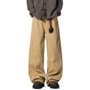 水洗棉直筒裤 男生工装 拼接宽松潮 男2025秋冬新款 追素TS加绒休闲裤