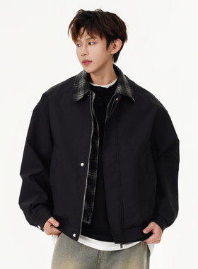 追素TS假两件夹克2025秋冬新款男生美式休闲拼接外套翻领格子工装