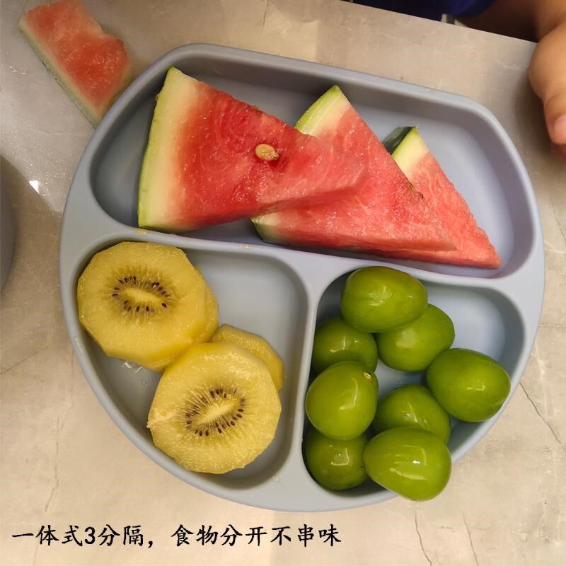 宝宝硅胶餐盘吸盘一体式分隔餐盘套装 儿童训练勺叉笑脸餐盘3格盘